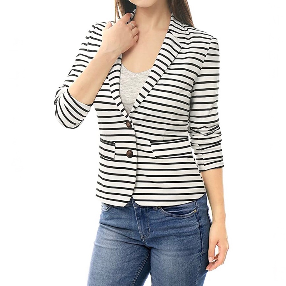 Notched Lapel Pocket Button Closure Striped Blazer